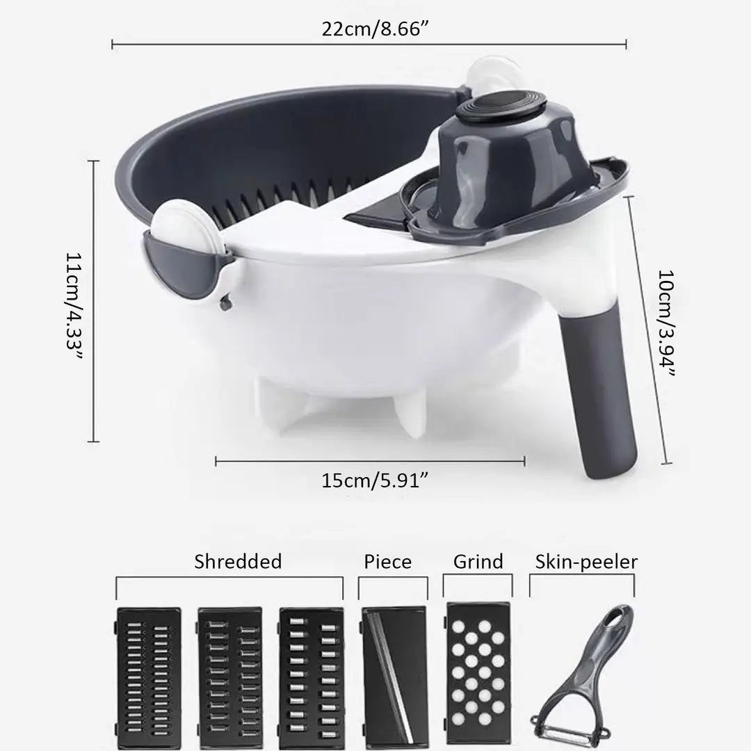 Multifunctional kitchen tool with measurement details and attachment options on a white background