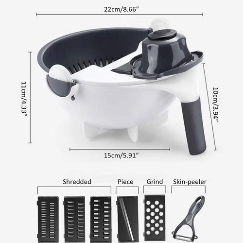 Multifunctional kitchen tool with measurement details and attachment options on a white background