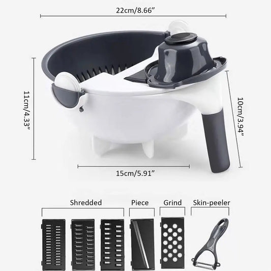 Multifunctional kitchen tool with measurement details and attachment options on a white background