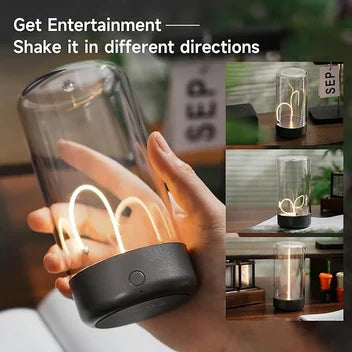 Lamp with LED strings being shaken in different directions, shown in various settings.