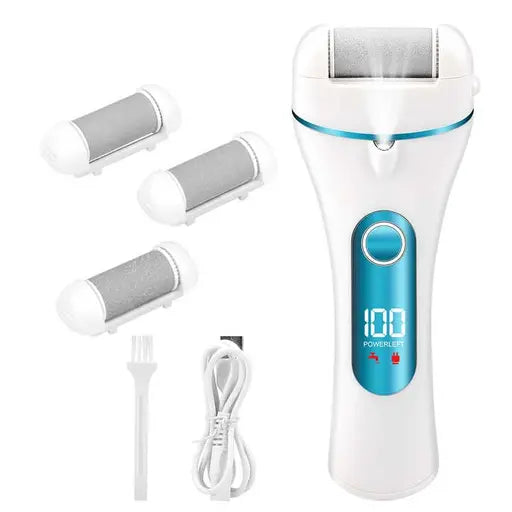 Electric skin exfoliator with multiple attachments on a white background