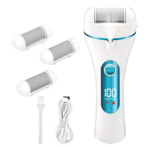 Electric skin exfoliator with multiple attachments on a white background