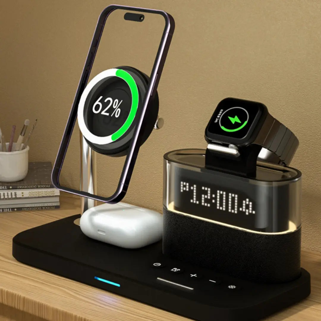 Multi-device charging station with phone, watch, and airpods on a wooden surface.