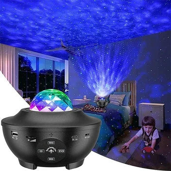 Starry night light projector in a room with a child playing.